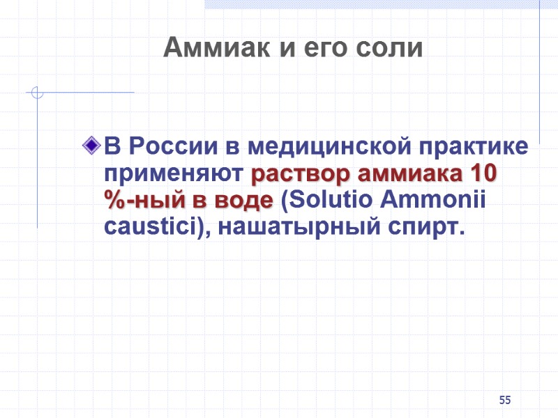 55 Аммиак и его соли   В России в медицинской практике применяют раствор